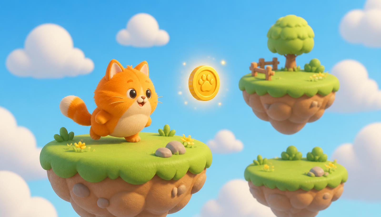 A soft 3D game scene: a fluffy orange cat stands on a floating grassy island under a blue sky, with a glowing gold coin and two more islands drifting nearby.