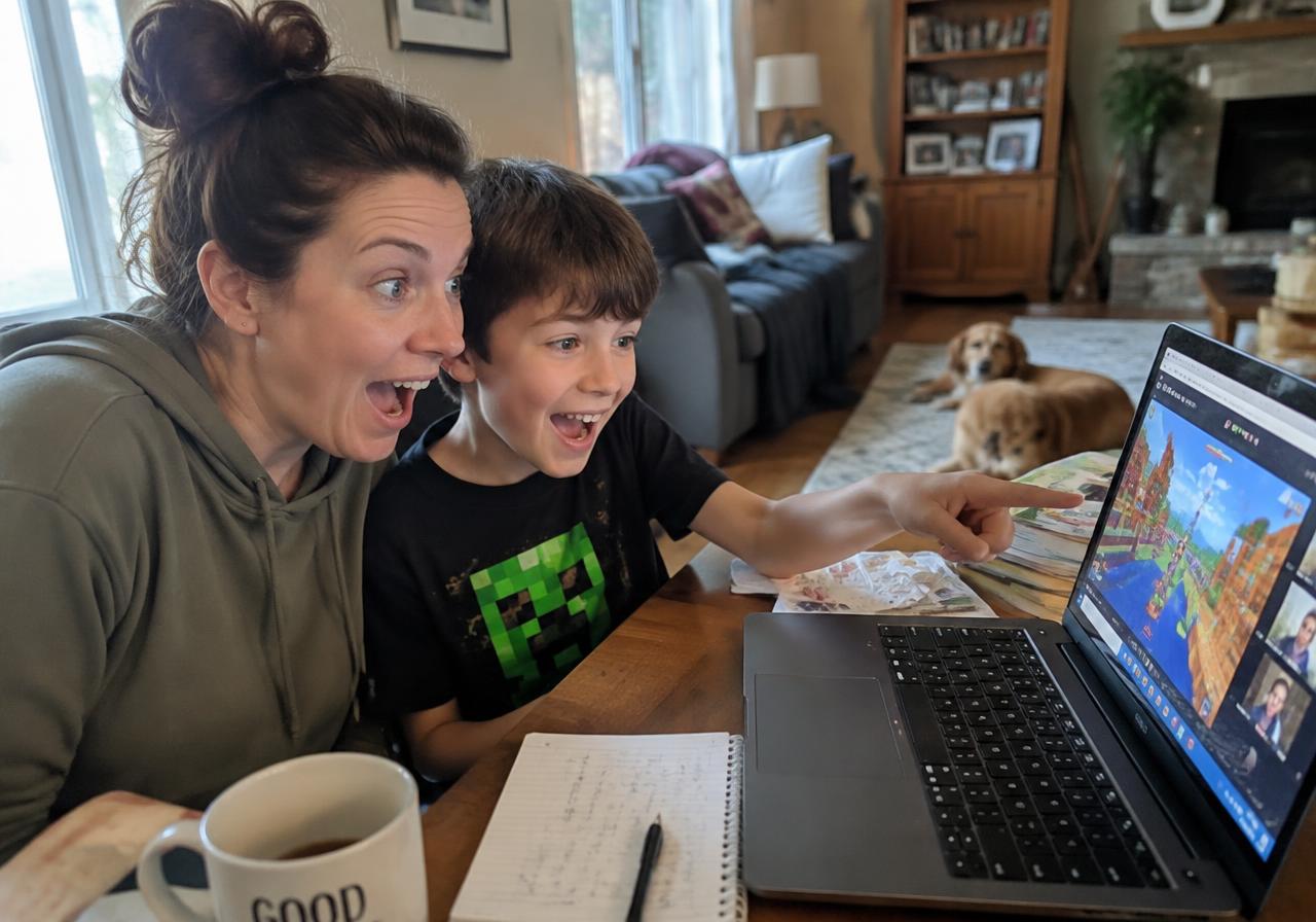 A parent and child laughing at a laptop during a live online game class